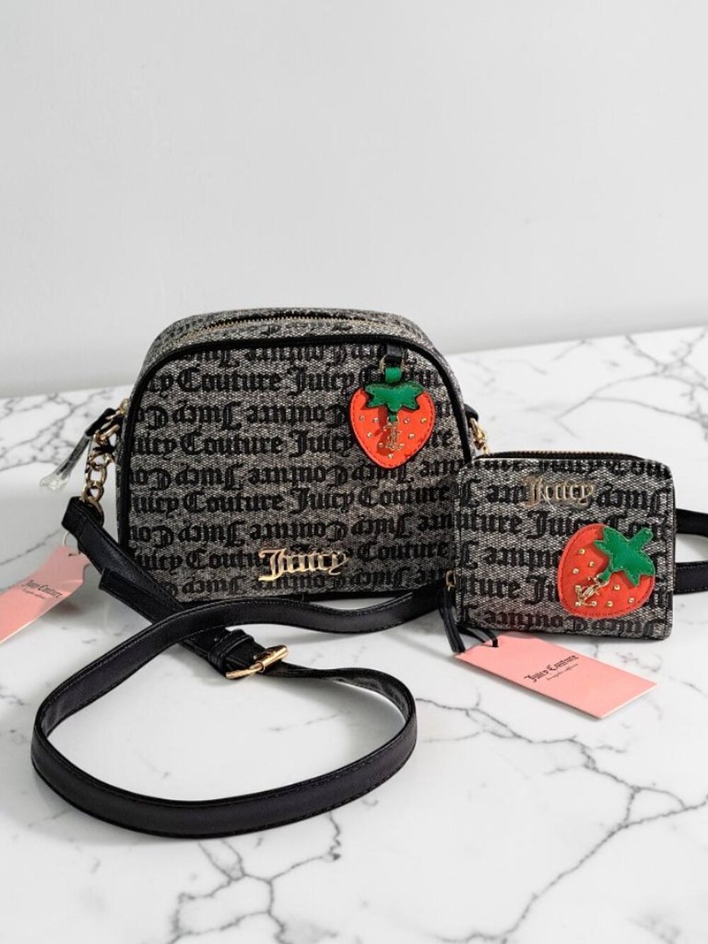 Juicy Couture Black Beige Freshly Picked Camera Bag and Wallet Set